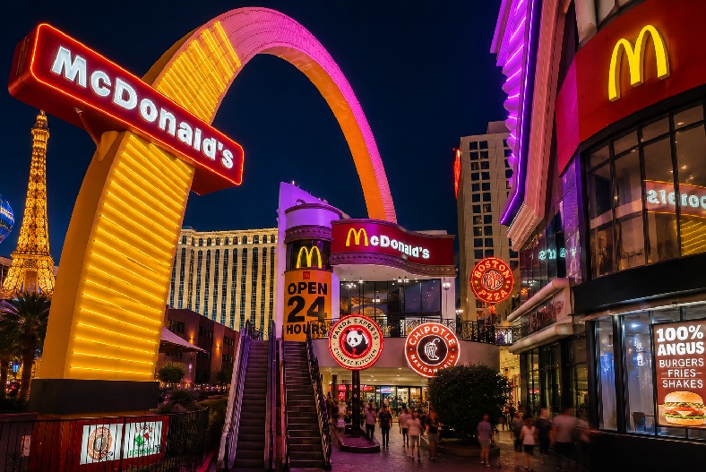 McDonald's on the Las Vegas Strip in Las Vegas, Nevada, surrounded by iconic hotels and casinos.
