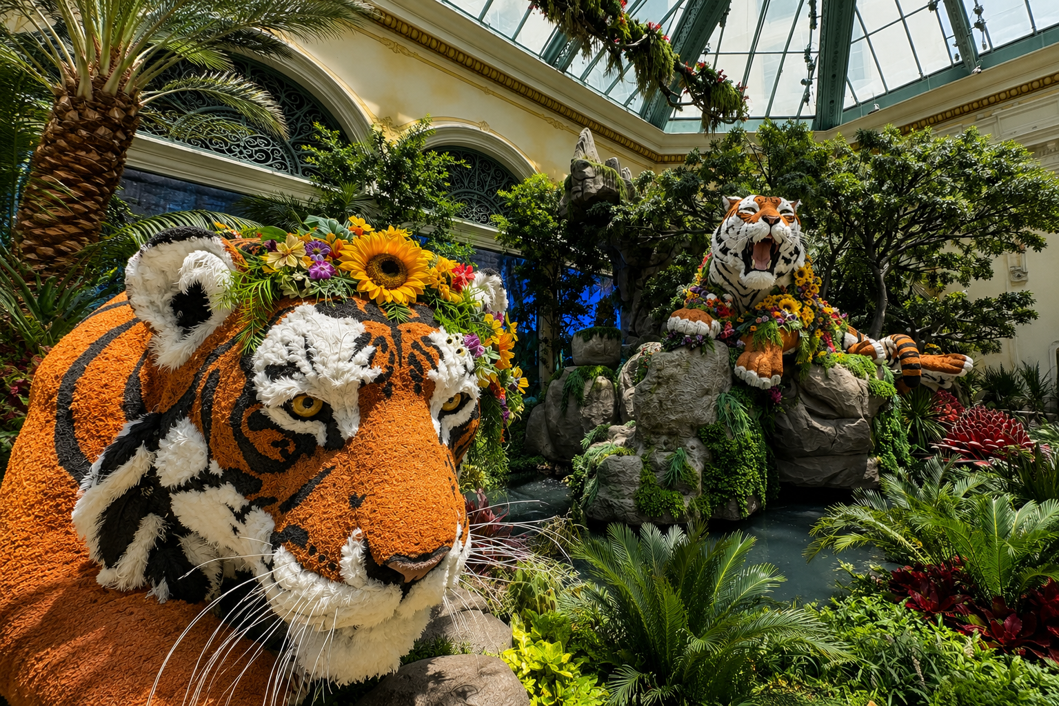 Décor floral avec des tigres au Bellagio Conservatory & Botanical Gardens à Las Vegas
