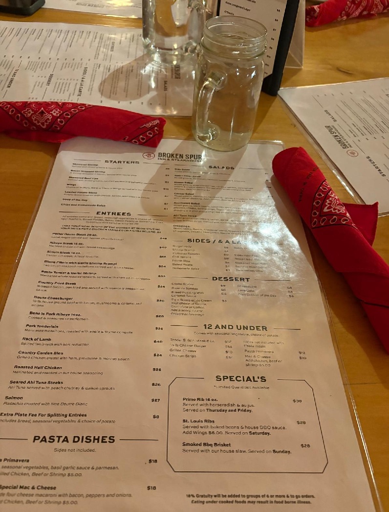Menu at Broken Spur Steakhouse in Torrey, Utah, one of the best restaurants near Capitol Reef National Park.