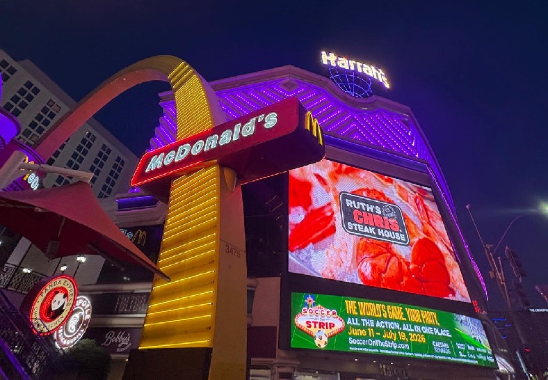 The famous McDonald's on the Las Vegas Strip, surrounded by iconic hotels and casinos in Las Vegas, Nevada.